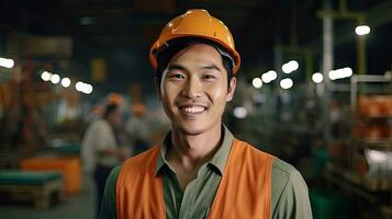 asiatisch männlich Ingenieur im Sicherheit Weste und Bauarbeiterhelm. Fachmann asiatisch Mann Arbeiten im das modern Herstellung Fabrik. generativ ai foto