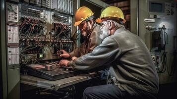 zwei Instandhaltung Ingenieure prüfen Relais Schutz System mit Laptop Computer. Bucht Steuerung Einheit. Mittel Stromspannung Schaltanlage. generativ ai foto