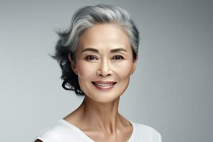 asiatisch schön Herrlich 50er Jahre Mitte alt reifen Frau suchen beim Kamera isoliert auf Weiß. reifen alt Dame schließen oben Porträt. gesund Gesicht Haut Pflege Schönheit. generativ ai foto