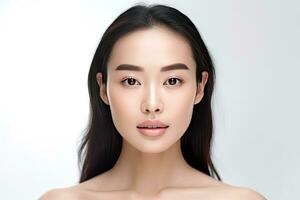 asiatisch Frauen Porträt, schön jung asiatisch Frau mit sauber frisch Haut auf Weiß Hintergrund, Gesicht Pflege, Gesichts- Behandlung, Kosmetologie, Schönheit und Spa. generativ ai foto