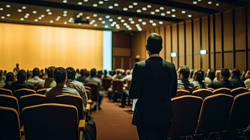 Geschäft, Veranstaltung Ausbildung Seminar, das Glückwunsch Erfolg von das Organisation. Geschäft korporativ Entwicklung Leistung. generativ ai foto