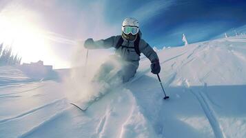 ein Skifahrer Skifahren. Springen Skifahrer. Snowboarden. extrem Winter Sport. Skifahrer Skifahren bergab während sonnig Tag im hoch Berge. generativ ai foto