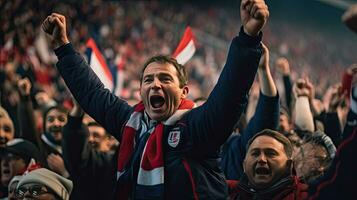 Französisch Fan, feiern das Erfolg. Unterstützer jubeln im Tribüne im Französisch Rugby Spiel 2023. generativ ai foto