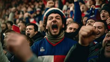 Französisch Fan, feiern das Erfolg. Unterstützer jubeln im Tribüne im Französisch Rugby Spiel 2023. generativ ai foto