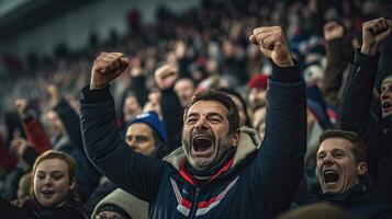 Französisch Fan, feiern das Erfolg. Unterstützer jubeln im Tribüne im Französisch Rugby Spiel 2023. generativ ai foto