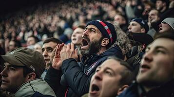 Französisch Fan, Emotionen überwältigen. Unterstützer jubeln im Bleicher. generativ ai foto