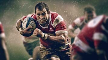 Rugby Spieler im Besitz von das Ball und versuchen zu Vorauszahlung. generativ ai foto