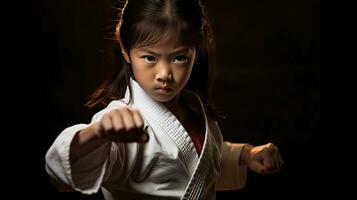 asiatisch Mädchen Karate kriegerisch Künste. Taekwondo. generativ ai foto