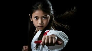 asiatisch Mädchen Karate kriegerisch Künste. Taekwondo. generativ ai foto