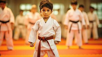 asiatisch Kinder Karate kriegerisch Künste. Taekwondo. generativ ai foto