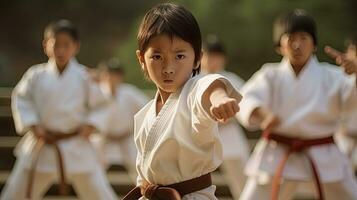 asiatisch Kinder Karate kriegerisch Künste. Taekwondo. generativ ai foto