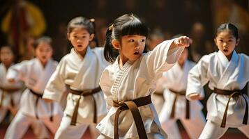 asiatisch Kinder Karate kriegerisch Künste. Taekwondo. generativ ai foto