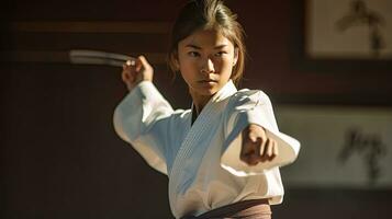 asiatisch Frau Karate kriegerisch Künste. Taekwondo. generativ ai foto