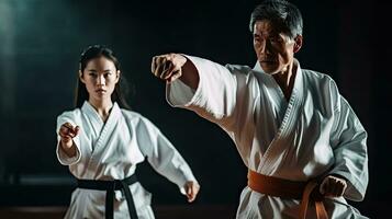 asiatisch jung Frau Ausbildung kriegerisch Kunst von Taekwondo mit ihr Coach, Sportlichkeit Konzept. Taekwondo. generativ ai foto