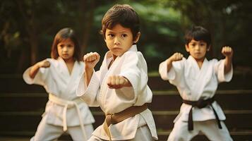 asiatisch Kinder Karate kriegerisch Künste. Taekwondo. generativ ai foto