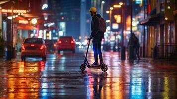 ein Mann beim Nacht mit elektrisch Roller oder E-Scooter im das Stadt, elektrisch städtisch Transport Konzept. generativ ai foto