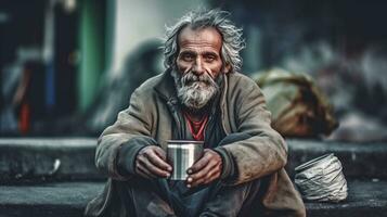 ein obdachlos Bettler Mann Sitzung draußen im Stadt fragen zum Geld Spende. generativ ai foto