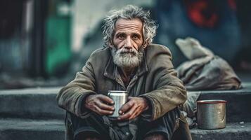 ein obdachlos Bettler Mann Sitzung draußen im Stadt fragen zum Geld Spende. generativ ai foto