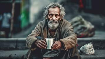 ein obdachlos Bettler Mann Sitzung draußen im Stadt fragen zum Geld Spende. generativ ai foto