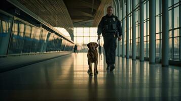 Sicherheit Offizier mit Polizei Hund beim Flughafen. Polizei Hund. Schnüffler Hund. generativ ai foto