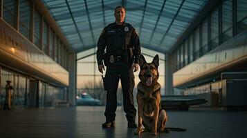 Sicherheit Offizier mit Polizei Hund beim Flughafen. Polizei Hund. Schnüffler Hund. generativ ai foto