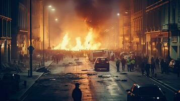 Revolutionär Unruhen und Proteste. Verbrennung Gebäude und Autos im das Stadt. Besondere Macht Polizei mit Ausrüstung fangen Demonstranten im das Nacht. generativ ai foto