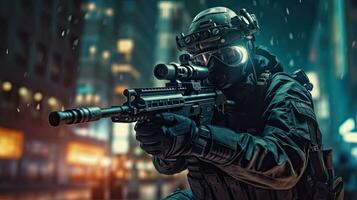 ein Besondere Kräfte Soldat Richtlinien Gruppe mit hoch Technologie Gewehr und Waffe Arbeiten im Nacht Stadt. generativ ai foto