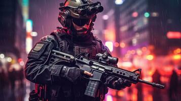 ein Besondere Kräfte Soldat Richtlinien Gruppe mit hoch Technologie Gewehr und Waffe Arbeiten im Nacht Stadt. generativ ai foto