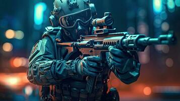 ein Besondere Kräfte Soldat Richtlinien Gruppe mit hoch Technologie Gewehr und Waffe Arbeiten im Nacht Stadt. generativ ai foto