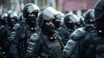 ein Mannschaft von Besondere Polizei Kräfte Kordon beim das Demonstration, Blockierung Straße Proteste. generativ ai foto