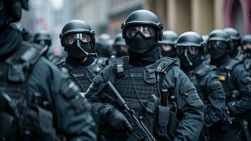 ein Mannschaft von Besondere Polizei Kräfte Kordon beim das Demonstration, Blockierung Straße Proteste. generativ ai foto