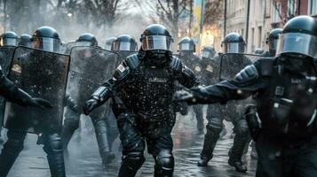 ein Mannschaft von randalieren Polizei kollidierte mit Demonstranten während ein Demonstration im ein National Streik gegen Regierung Pläne zu überarbeiten das die Pension System. generativ ai foto