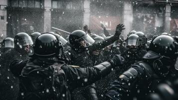 ein Mannschaft von randalieren Polizei kollidierte mit Demonstranten während ein Demonstration im ein National Streik gegen Regierung Pläne zu überarbeiten das die Pension System. generativ ai foto