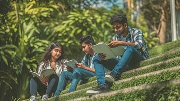 jung asiatisch indisch Hochschule Studenten lesen Bücher, studieren auf Laptop, vorbereiten zum Prüfung oder Arbeiten auf Gruppe Projekt während Sitzung auf Gras, Treppe von Hochschule Campus. generativ ai foto