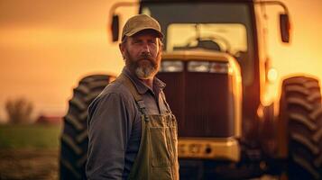 Landwirt, Porträt von glücklich Farmer Stehen in der Nähe von ein Traktor oder ein kombinieren Mähdrescher im Mais Feld. Landwirtschaft. generativ ai foto