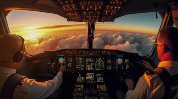 Piloten fliegen das Ebene. Aussicht von das Cockpit von ein modern Passagier Flugzeug auf das Wolken hinter das Flugzeug Fenster. generativ ai foto