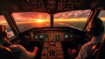 Piloten fliegen das Ebene. Aussicht von das Cockpit von ein modern Passagier Flugzeug auf das Wolken hinter das Flugzeug Fenster. generativ ai foto