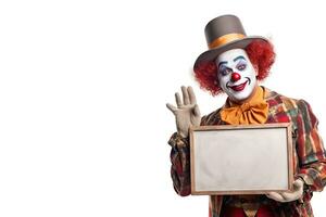 komisch heiter Clown mit leer Tafel isoliert auf Weiß Hintergrund. generativ ai foto