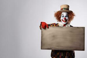 komisch heiter Clown mit leer Tafel isoliert auf Weiß Hintergrund. generativ ai foto