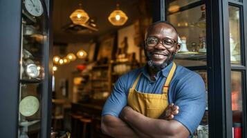 Porträt von glücklich afrikanisch amerikanisch Mann Stehen beim Türöffnung von ihr speichern. heiter reifen Kellnerin warten zum Kunden beim Kaffee Geschäft. klein Geschäft Eigentümer. generativ ai foto