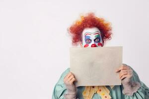 komisch heiter Clown mit leer Tafel isoliert auf Weiß Hintergrund. generativ ai foto