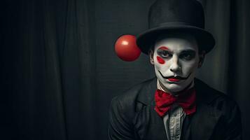 traurig Clown mit Bowler Hut und rot Nase. generativ ai foto