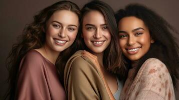 Porträt von drei schön froh gemischtrassig Frauen Stehen zusammen und lächelnd beim Kamera isoliert Über Weiß Hintergrund. generativ ai foto