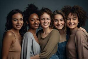 Porträt von jung gemischtrassig Frauen Stehen zusammen und lächelnd beim Kamera isoliert Über Weiß Hintergrund. generativ ai foto
