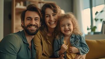 heiter Familie von drei haben Spaß zusammen im Leben Zimmer beim heim. generativ ai foto