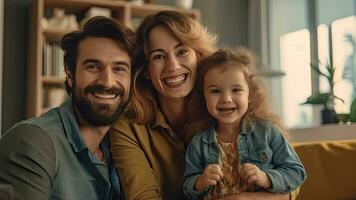 heiter Familie von drei haben Spaß zusammen im Leben Zimmer beim heim. generativ ai foto