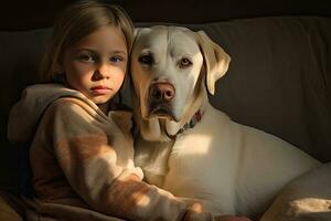 ein Kind mit ein Labrador beim heim. generativ ai foto