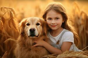 ein wenig Mädchen umarmen golden Hund im das Feld im Sommer- Tag zusammen. süß Kind mit Hündchen Haustier Porträt beim Natur im das Morgen. heiter. generativ ai foto