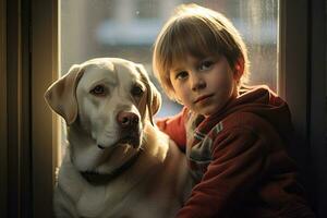 ein Kind mit ein Labrador beim heim. generativ ai foto