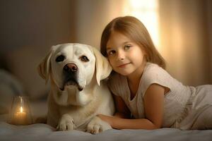 heiter von ein Kind mit ein Labrador beim heim. generativ ai foto